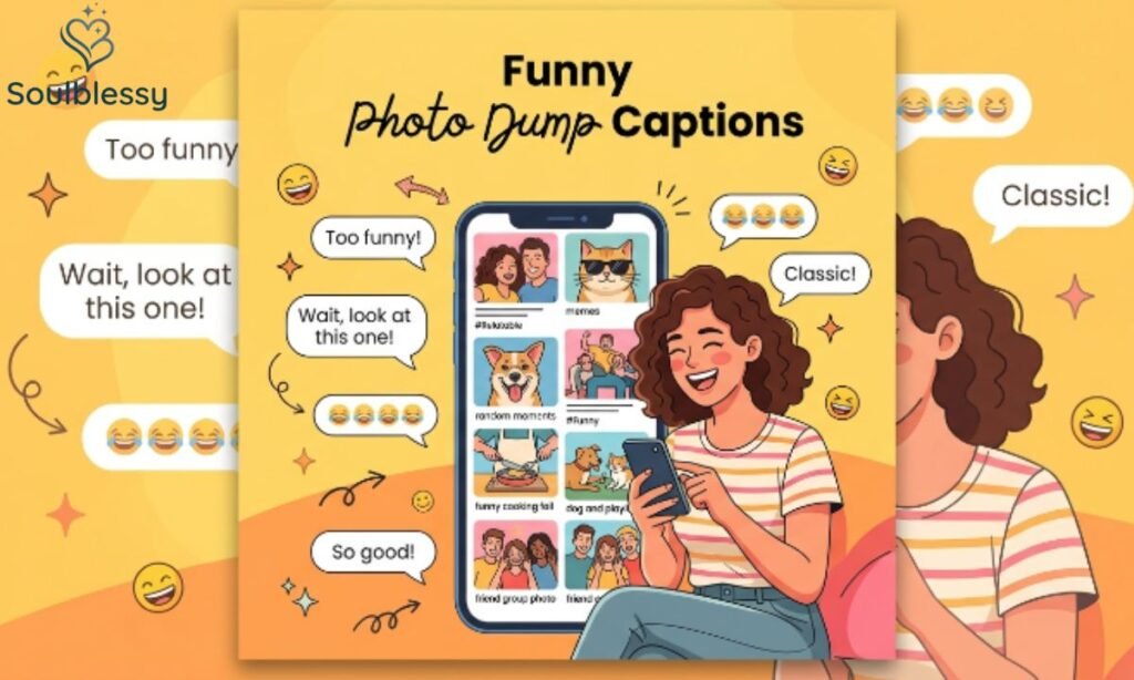 Funny photo dump captions illustration with smartphone and smiling character.