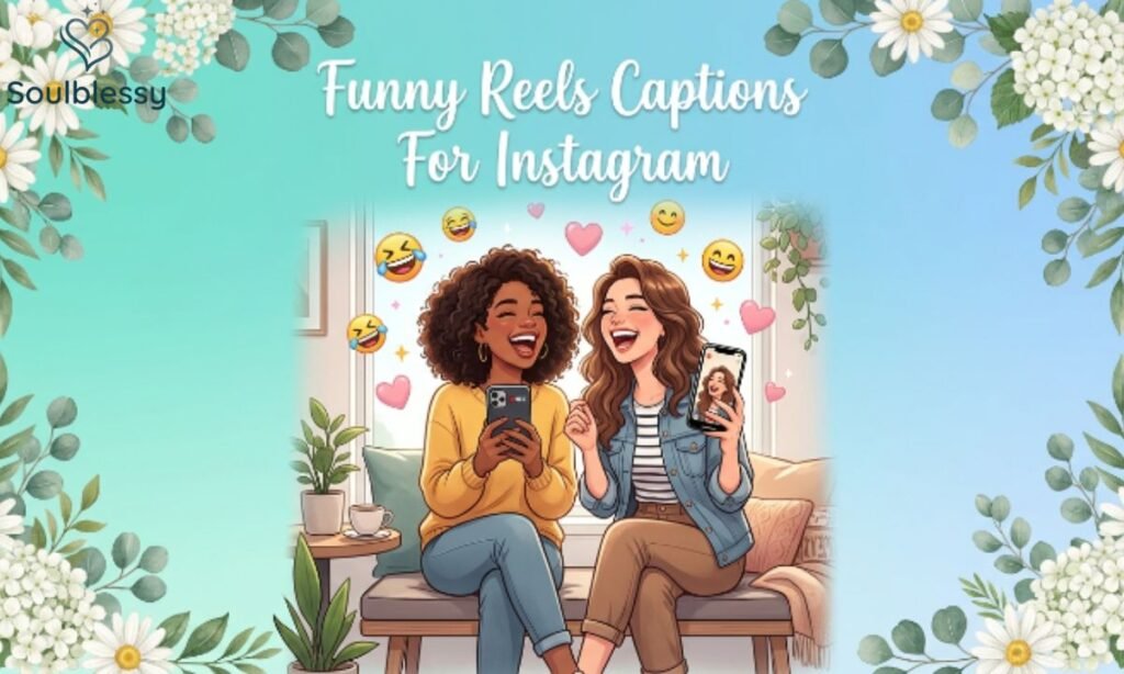 Funny Reels Captions for Instagram illustration with happy content creators.