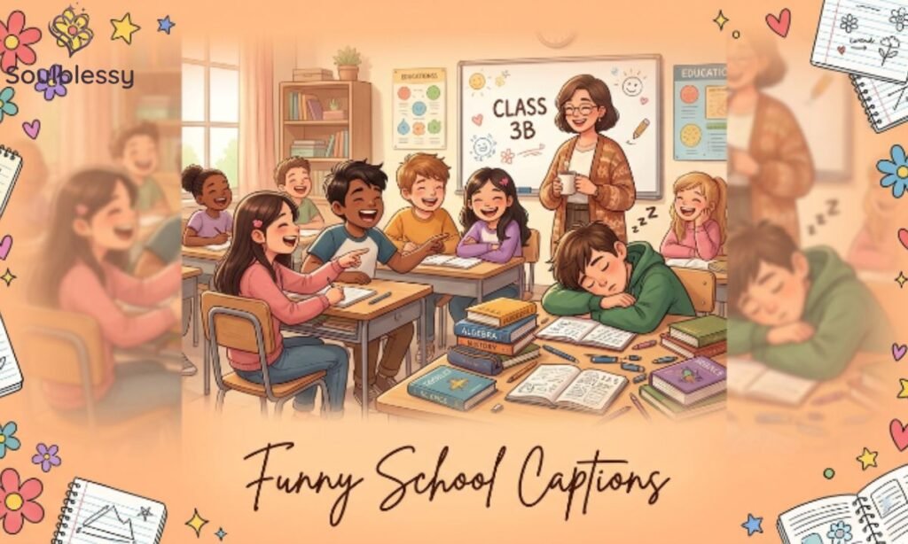 Funny school captions illustration with students laughing in classroom
