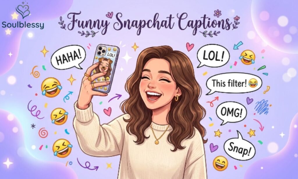 Funny Snapchat captions illustration with playful selfie and laughing emojis.