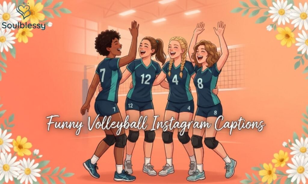 Funny Volleyball Instagram Captions illustration with happy volleyball teammates.