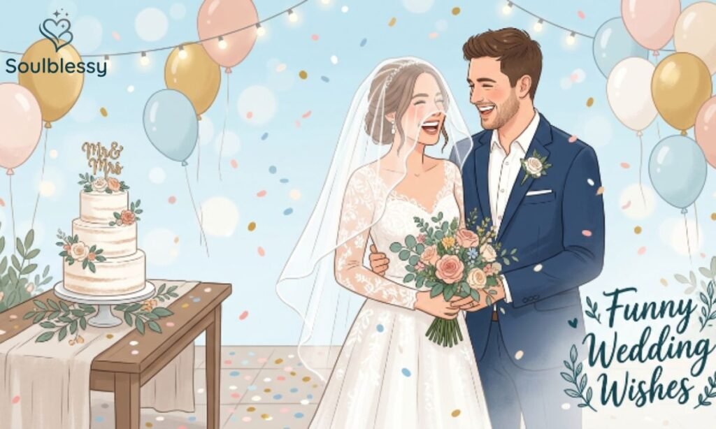 Bride and groom laughing together with wedding decorations