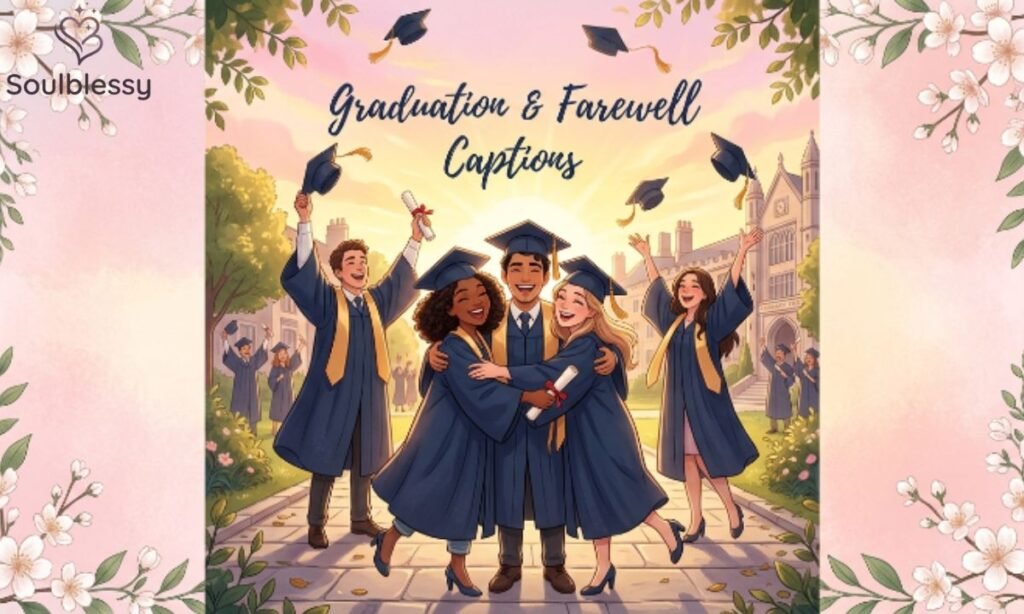  Graduation and farewell captions illustration with celebrating students
