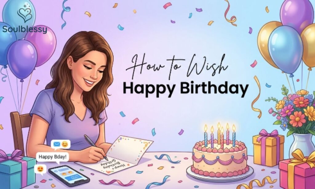 Writing a heartfelt birthday message with celebration decorations

