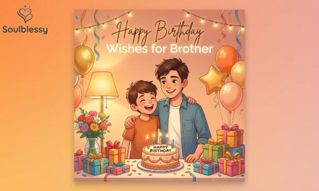 Birthday celebration between two brothers with cake and gifts
