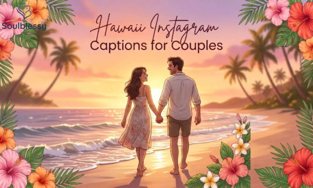 Romantic couple walking on a Hawaii beach during sunset.