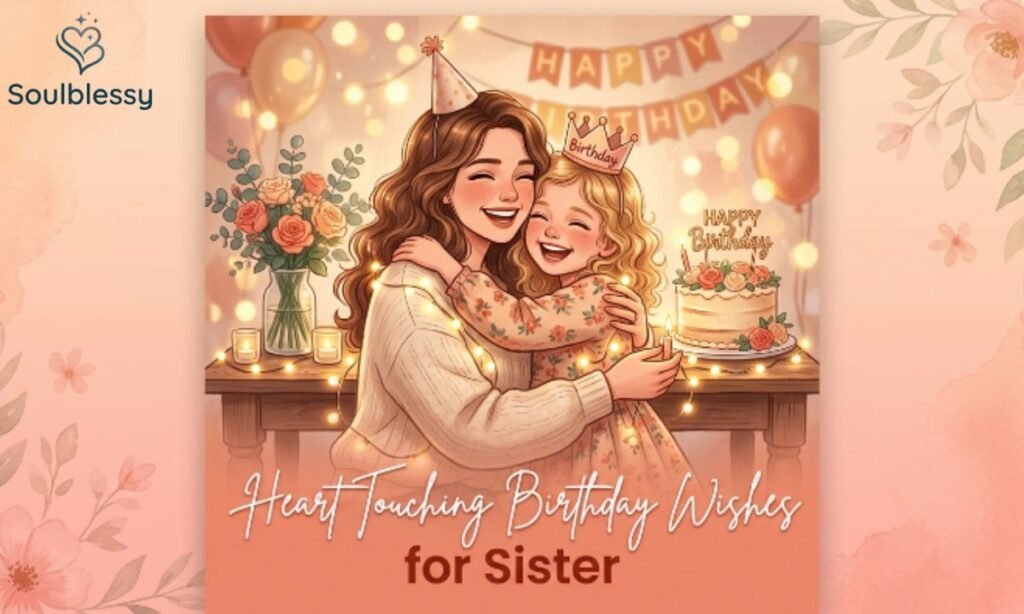 Heart touching birthday wishes for sister illustration with sisters hugging during birthday celebration