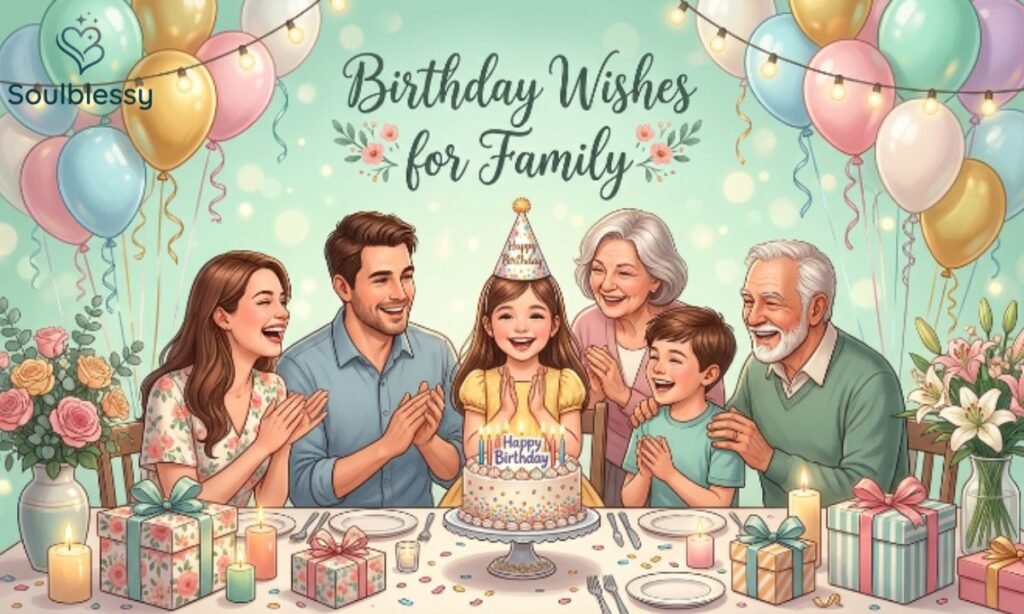 Family birthday celebration with cake and flowers.