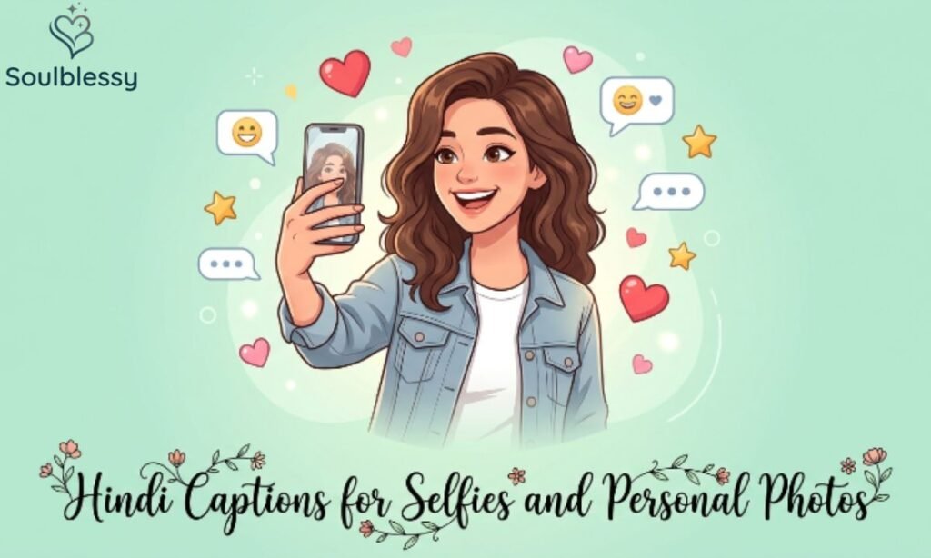 Person taking a selfie with stylish Hindi captions illustration