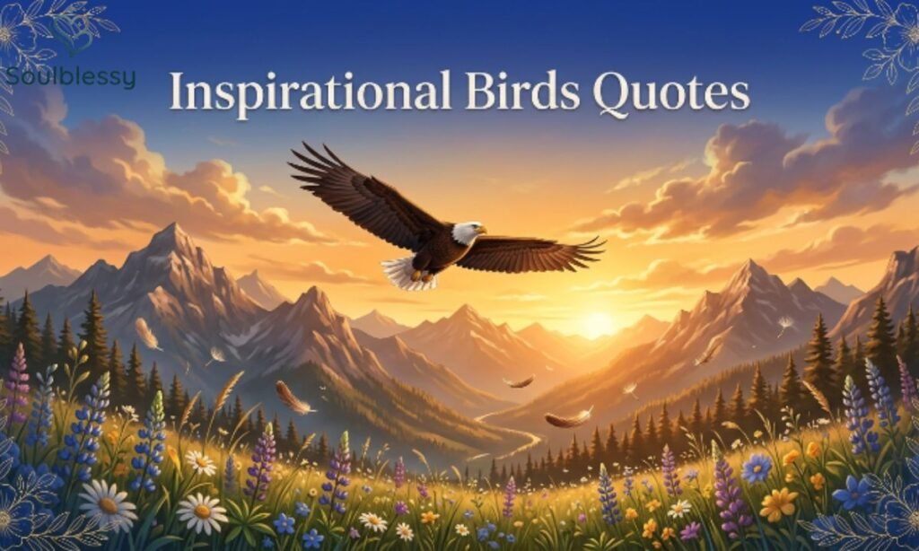 Majestic eagle flying above mountains with inspirational birds quotes heading.