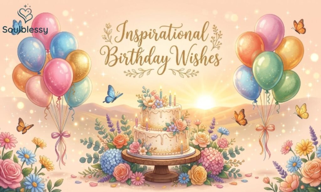 Inspirational birthday wishes with balloons and sunrise.