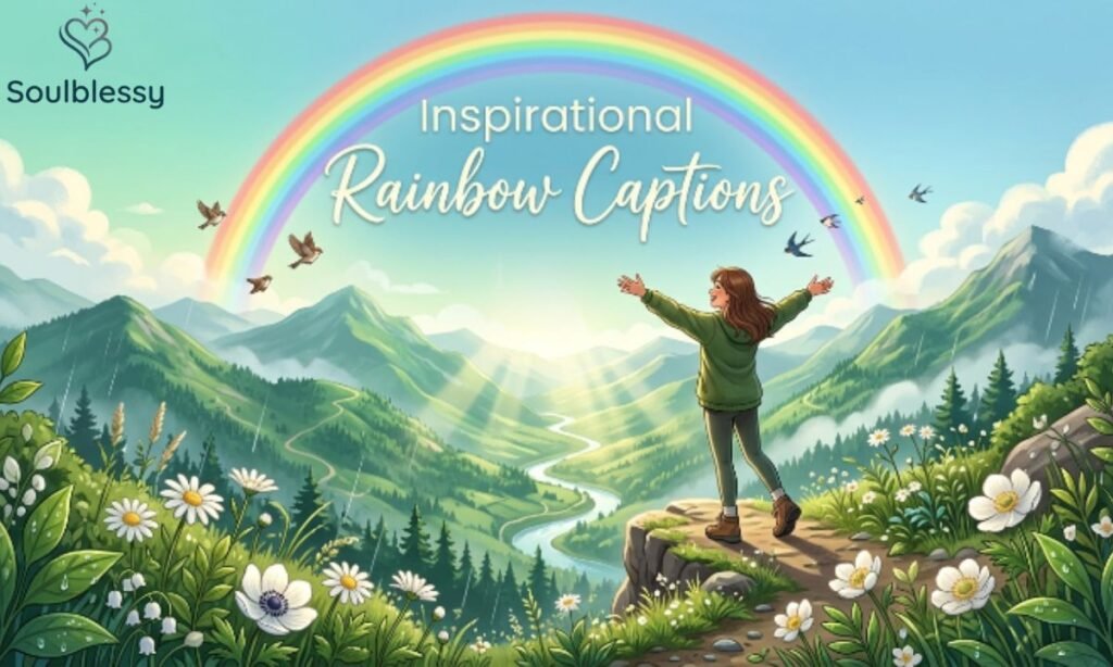 Inspirational Rainbow Captions image with rainbow over mountains
