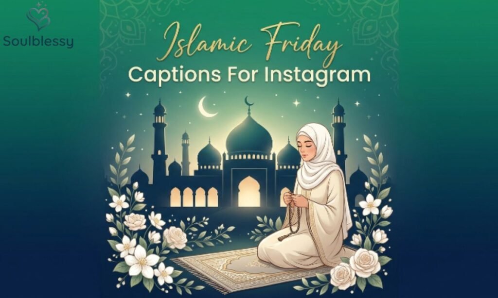 Islamic Friday Captions For Instagram illustration with peaceful Jummah theme