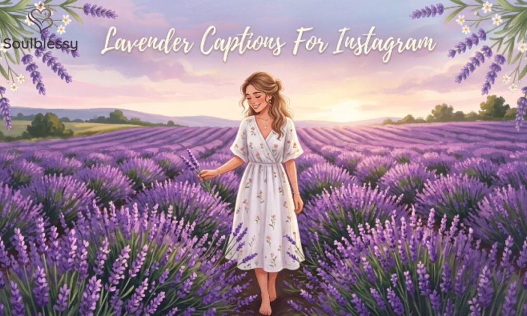 Woman enjoying a blooming lavender field with peaceful surroundings.
