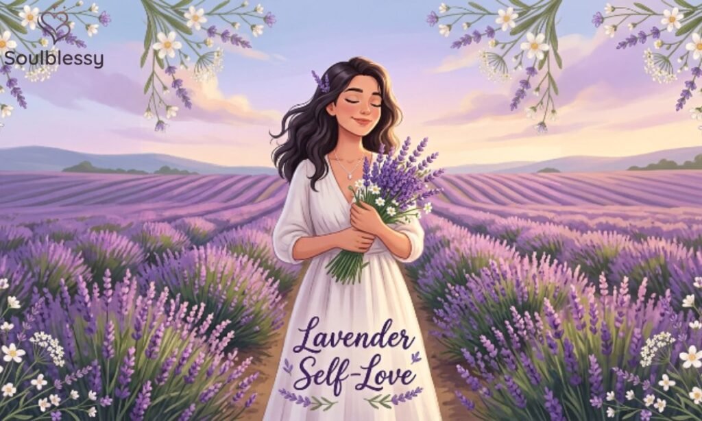 Woman holding lavender flowers in a peaceful lavender field.
