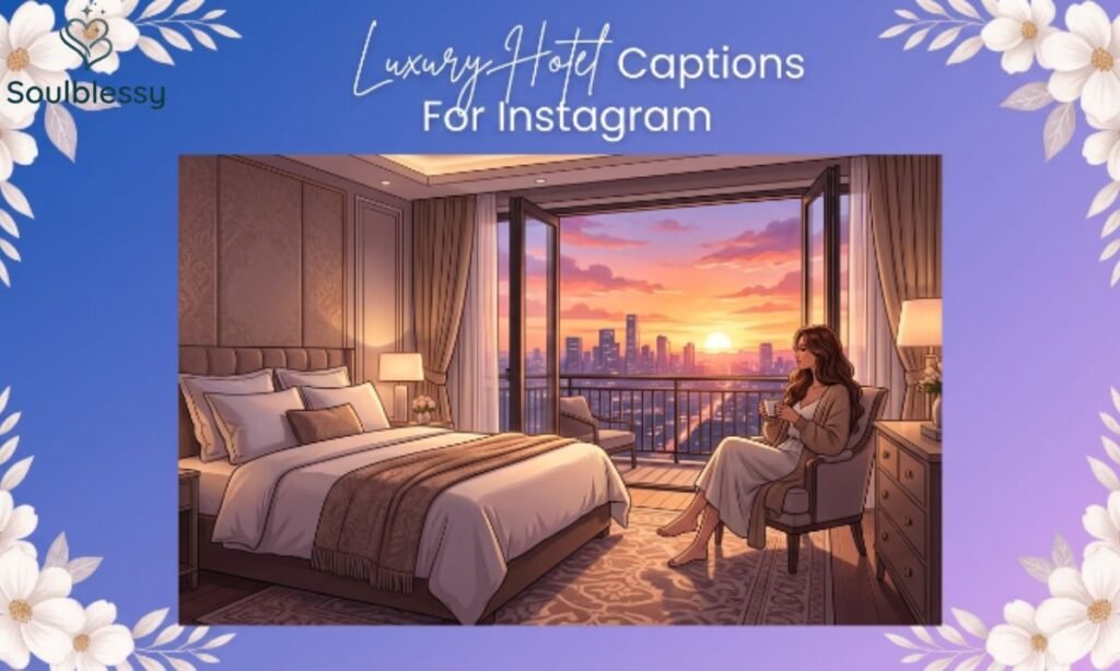 Luxury hotel room with balcony view for Instagram captions.