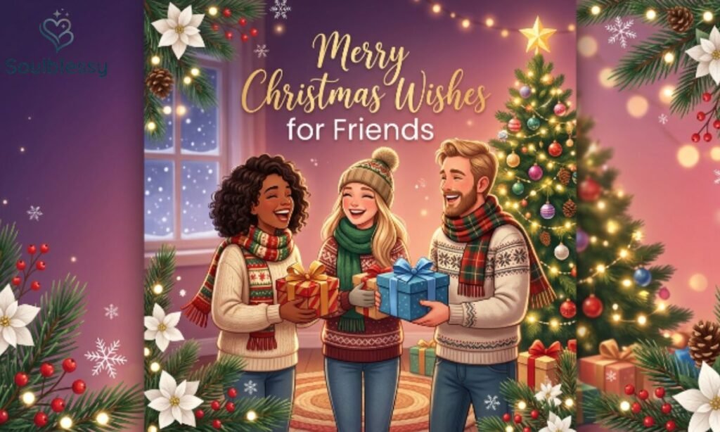 Christmas friends celebration illustration with gifts, lights and festive holiday atmosphere.
