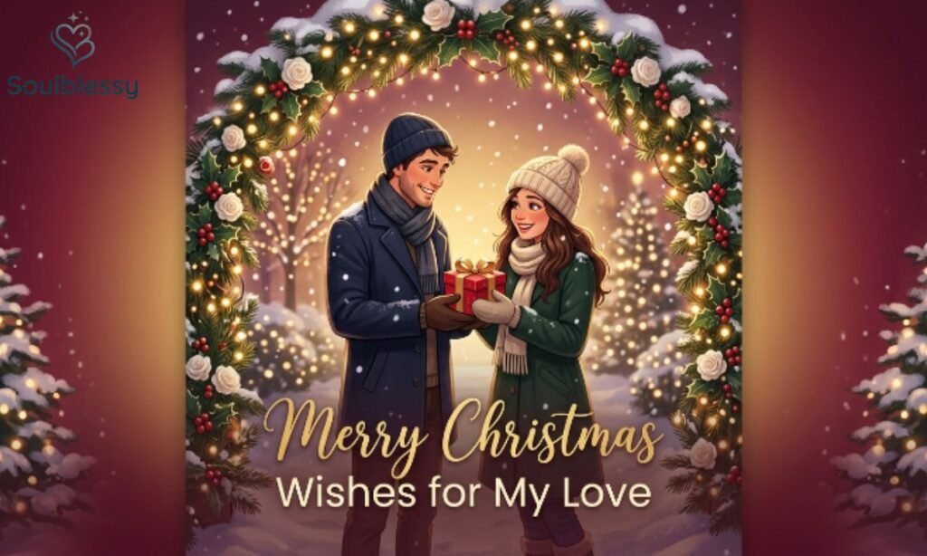 Romantic Merry Christmas Wishes for My Love illustration with couple exchanging Christmas gifts.