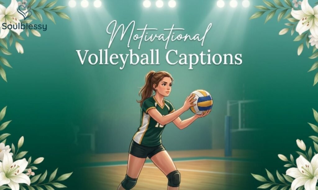 Motivational Volleyball Captions illustration showing focused volleyball players.
