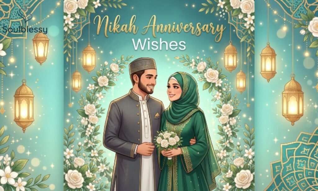 Nikah anniversary wishes illustration with Muslim couple celebrating marriage