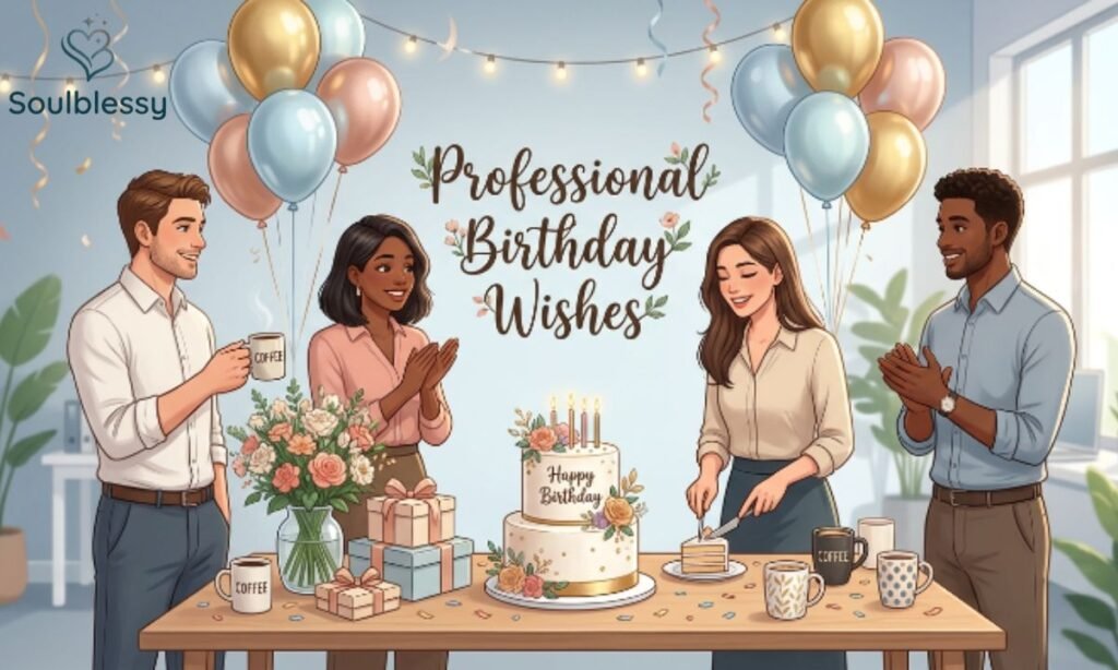 Office birthday celebration with coworkers and cake.