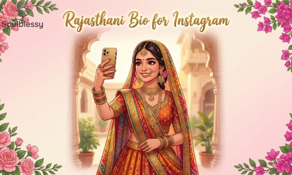Rajasthani woman wearing colorful traditional outfit for Instagram bio inspiration.
