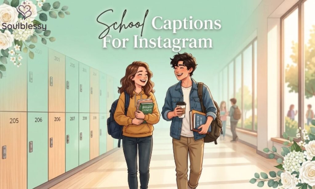  School captions for Instagram with students walking through school hallway
