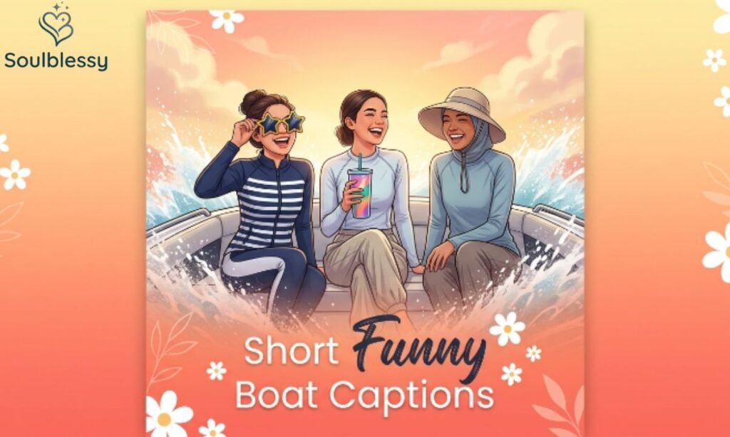 Funny boat captions illustration with friends laughing on a speedboat