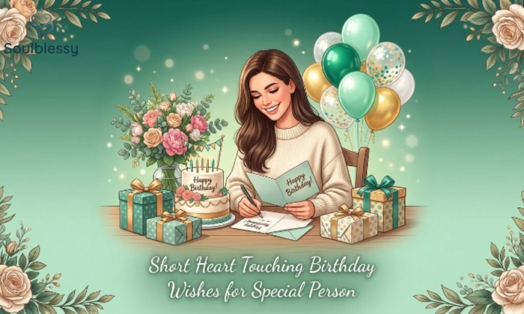 Short birthday wishes illustration with greeting card and birthday decorations