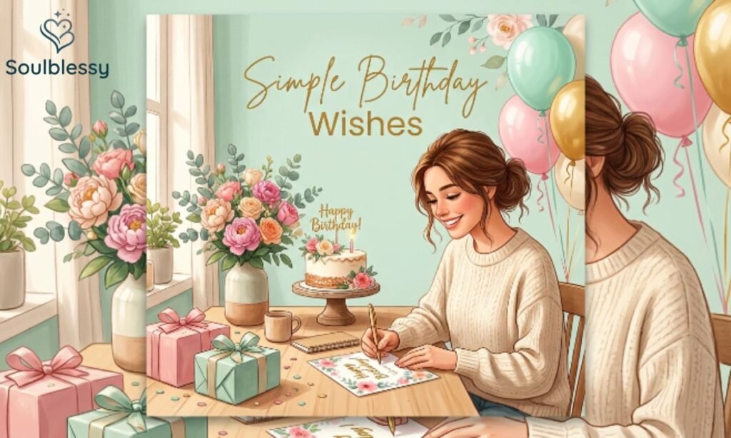 Simple Birthday Wishes illustration with greeting card and birthday decorations.
