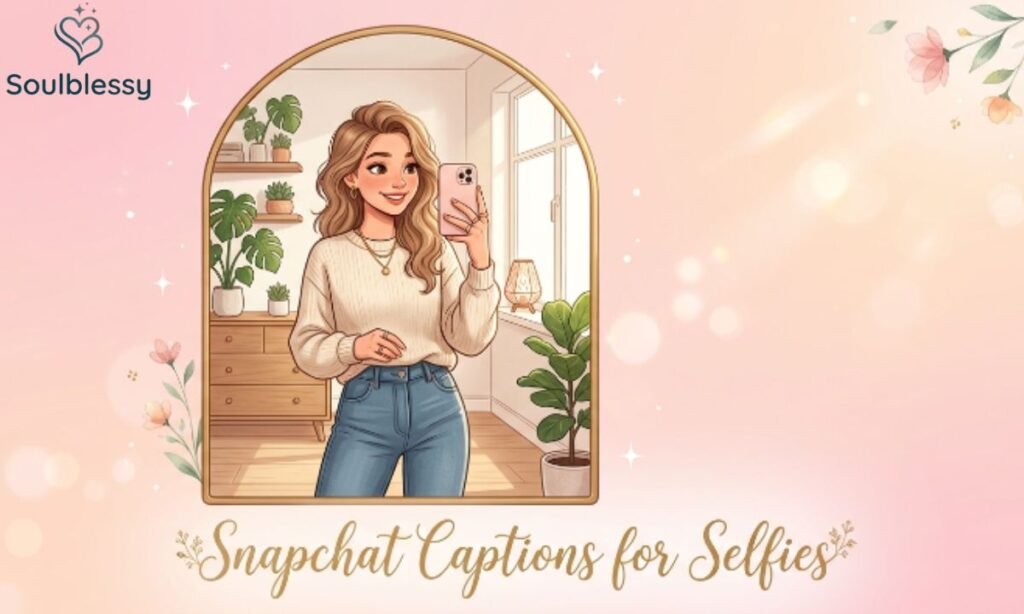 Selfie-themed Snapchat captions illustration with modern smartphones.
