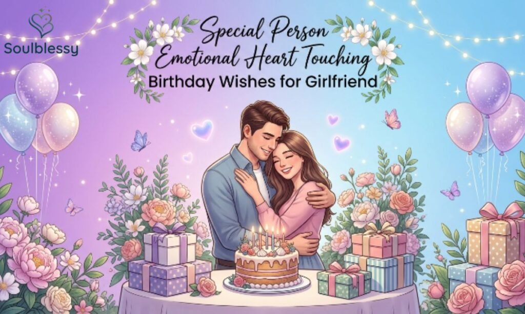 Romantic birthday wishes illustration for girlfriend with flowers and birthday cake
