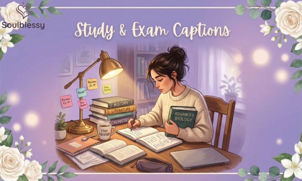 Study and exam captions illustration with student studying at desk

