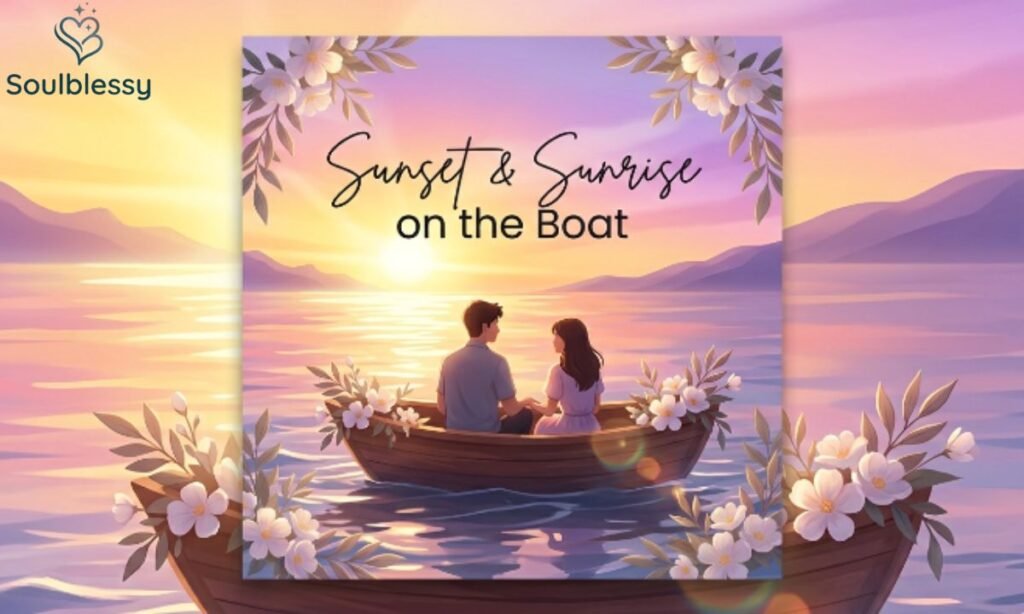 Sunset and sunrise boat illustration with peaceful ocean scenery
