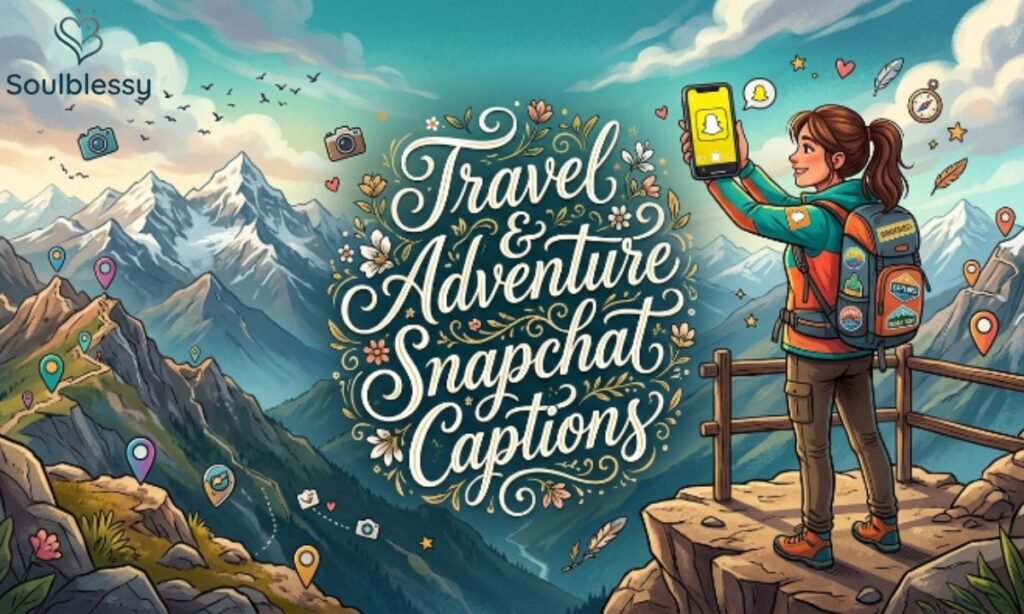 Travel-themed Snapchat captions illustration with mountains and smartphone.
