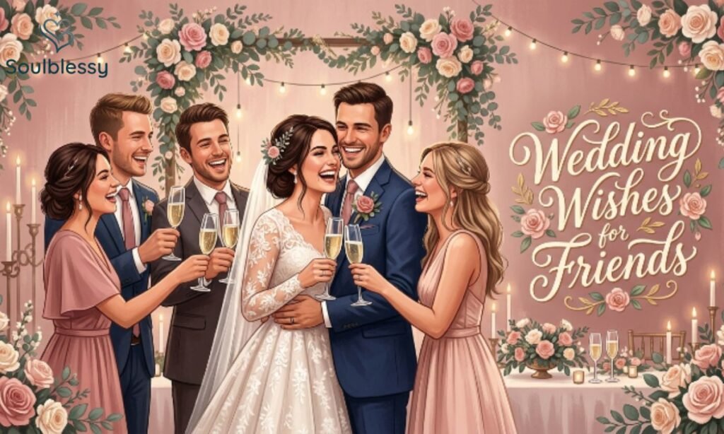 Bride and groom celebrating wedding with friends