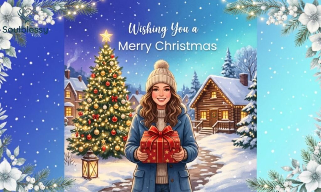 Elegant Wishing You a Merry Christmas illustration with festive gift and snowy winter background.