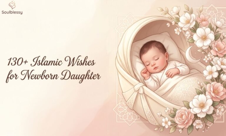Islamic wishes for newborn daughter with a peaceful baby girl and floral Islamic design