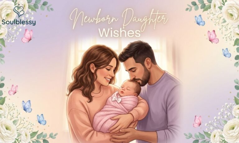 Newborn Daughter Wishes illustration with happy parents holding their baby girl