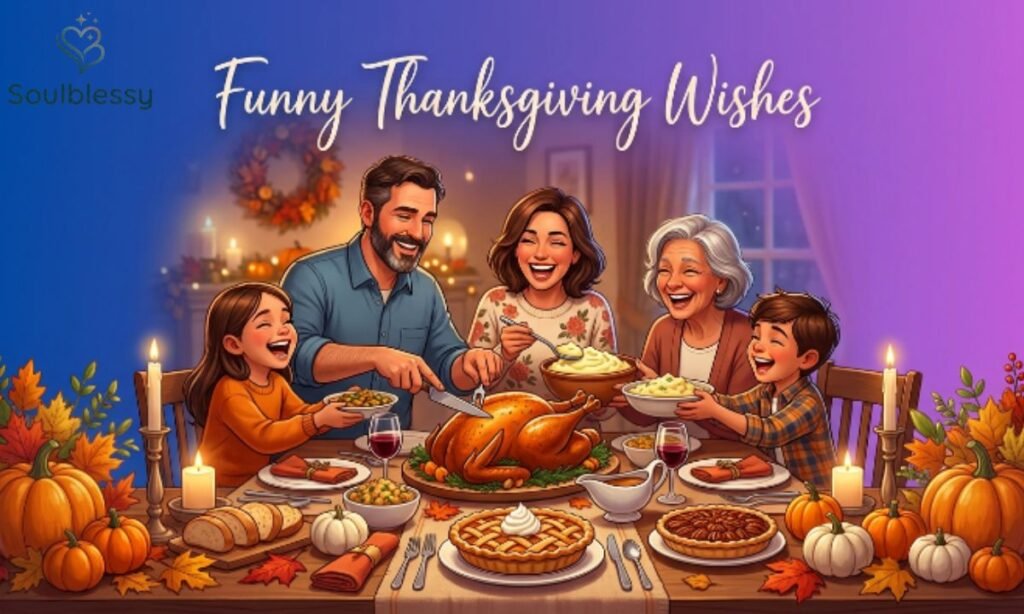 Funny Thanksgiving Wishes illustration featuring joyful Thanksgiving dinner