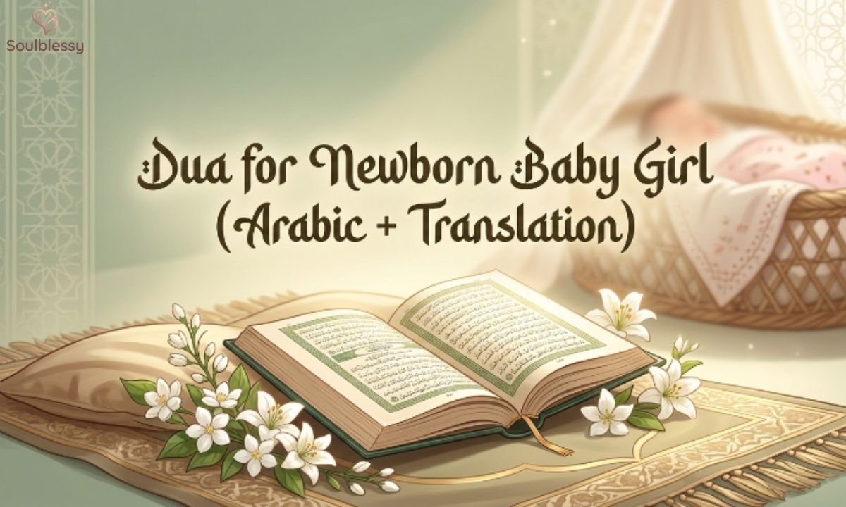 Dua for newborn baby girl in an elegant Islamic setting
