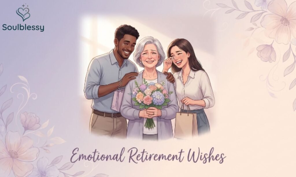 Best Wishes for Retirement emotional farewell image with coworkers