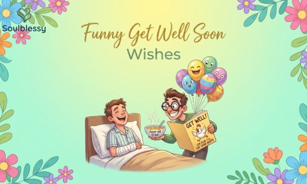Funny Get Well Soon Wishes illustration with cheerful recovery moments