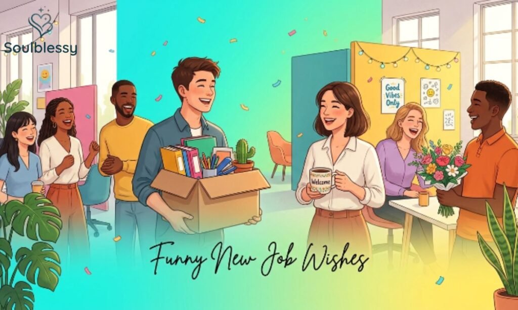 Funny New Job Wishes illustration showing coworkers celebrating with laughter