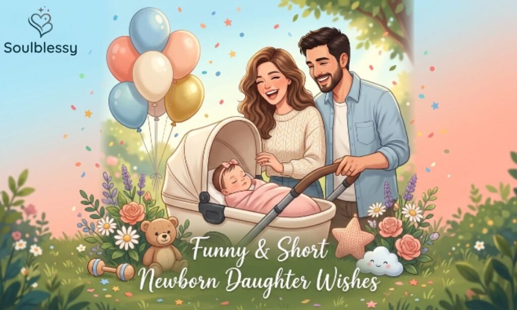 Funny Newborn Daughter Wishes image featuring smiling parents and baby girl