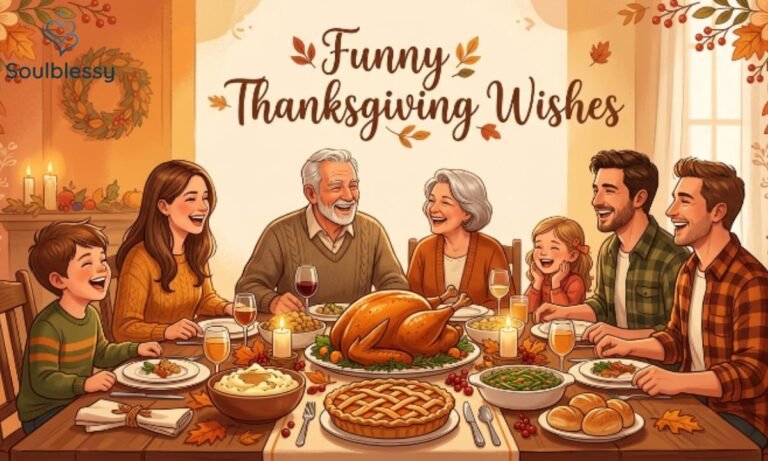 Funny Thanksgiving Wishes feature image showing festive Thanksgiving meal