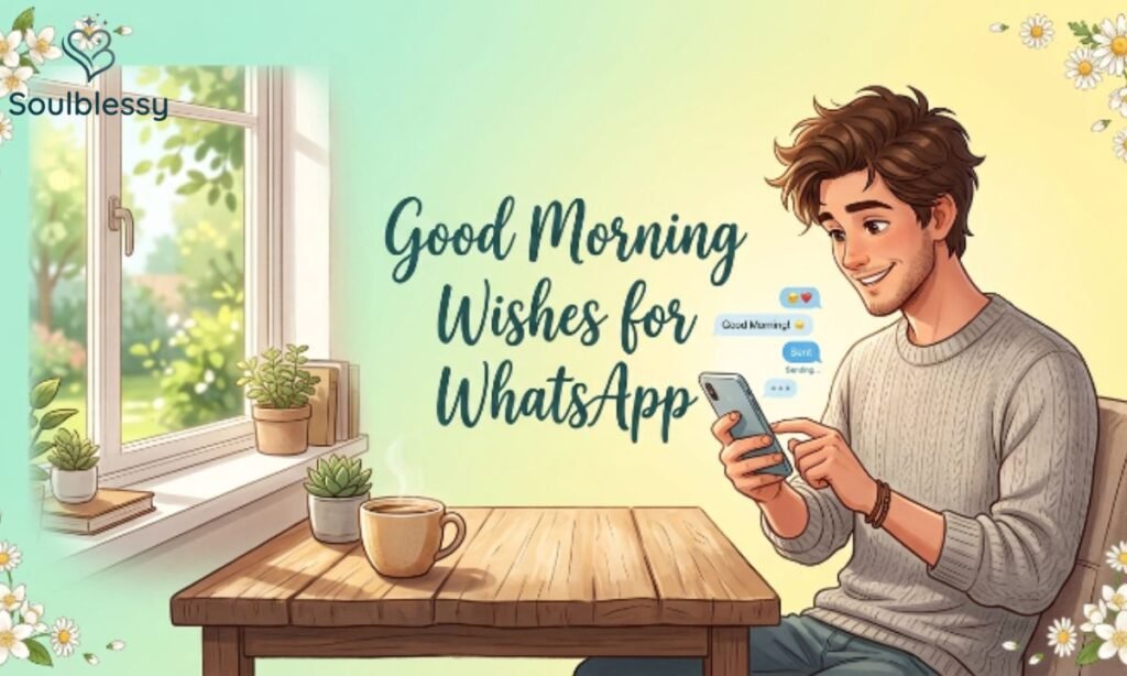 New Latest Good Morning Wishes for WhatsApp illustration with morning coffee
