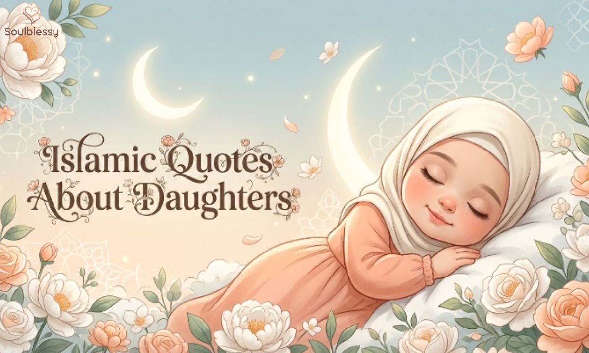  Islamic quotes about daughters with a peaceful baby girl and floral design
