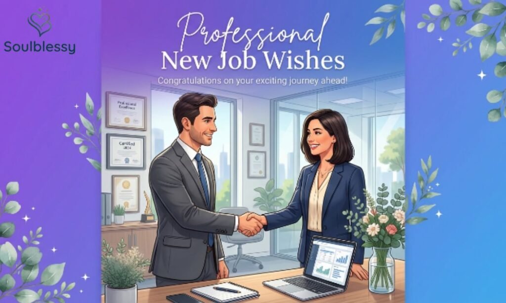 Professional New Job Wishes illustration showing colleagues congratulating each other