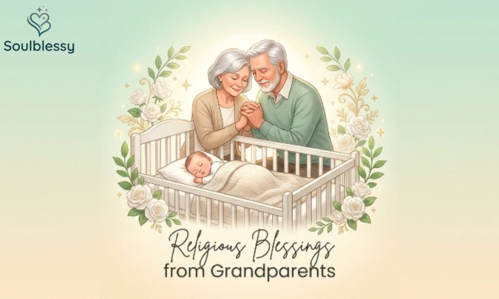Religious New Granddaughter Wishes illustration featuring grandparents praying for a baby girl